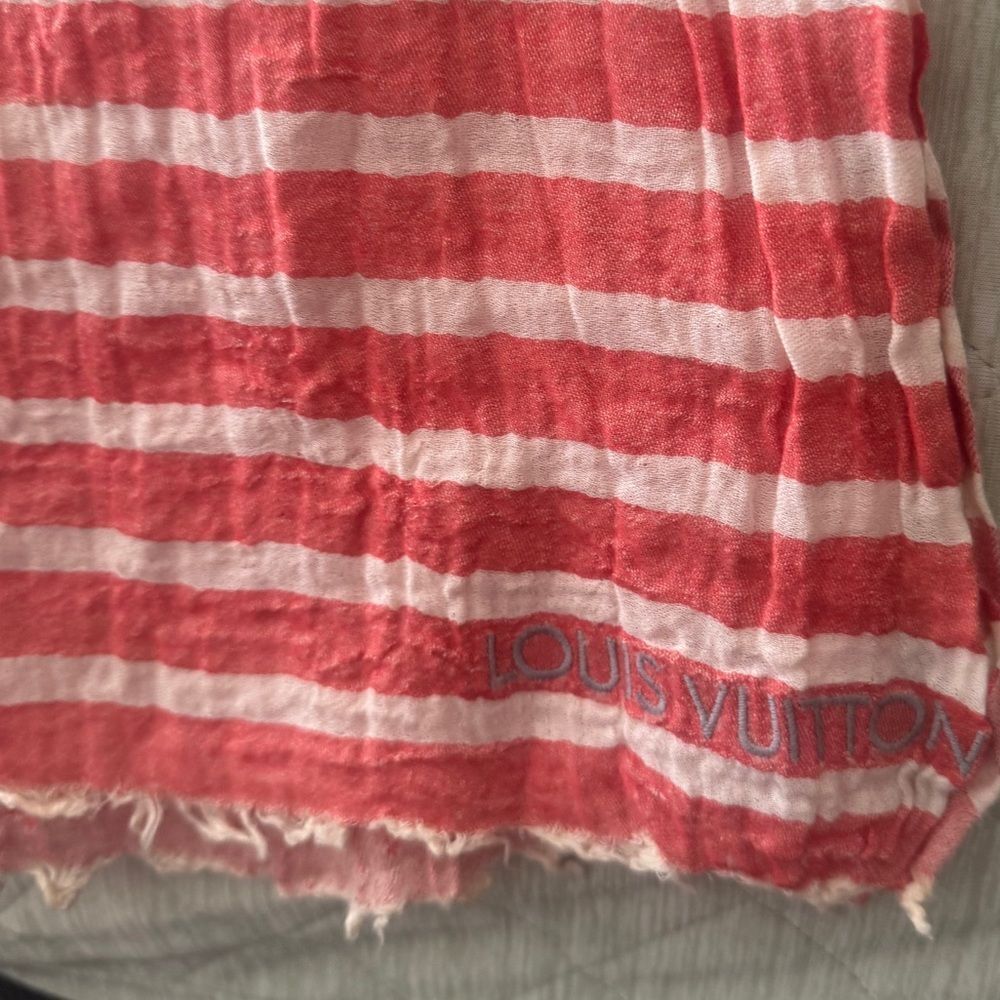 Auth Ltd Edition Louis Vuitton Red White Striped LV Monogram Scarf Shawl Wrap - Picture 3 of 7